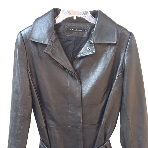 MACKAGE black leather belted coat long jacket duster - Picture 3 of 6